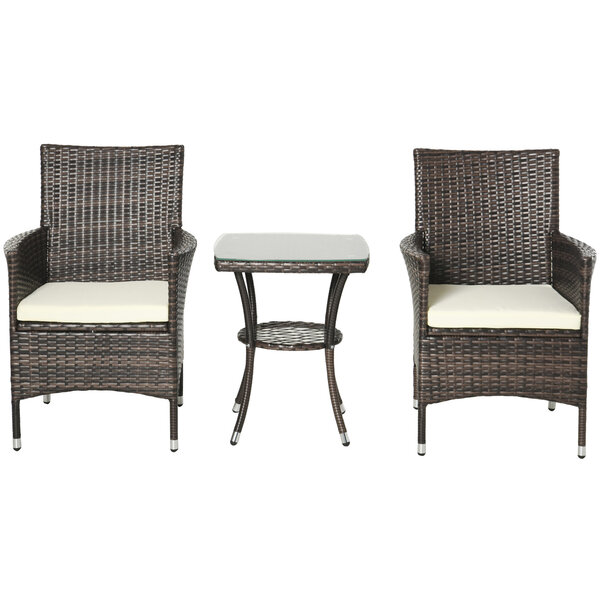 Outsunny Ensemble salon de jardin 2 places : 2 fauteuils et table basse plateau verre trempé résine tressée imitation rotin chocolat foncé coussins blanc