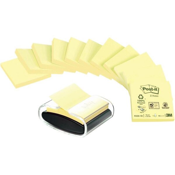 Lot de 12 blocs Z-notes recyclées Post-it + 1 dévidoir noir