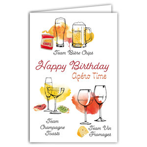 69-4502 Carte Happy Birthday Bières'day Apéro Time Team Bière Chips Champagne Toasts Vin Fromages Clichés français Illustration élégante French Touch - Avec Enveloppe 12x17cm - Fabrication française