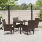 Ensemble de salle à manger de jardin 5 pièces avec coussins marron poly rattan
