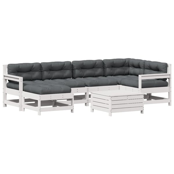 vidaXL Salon de jardin 7 Pièces avec coussins blanc bois de pin massif