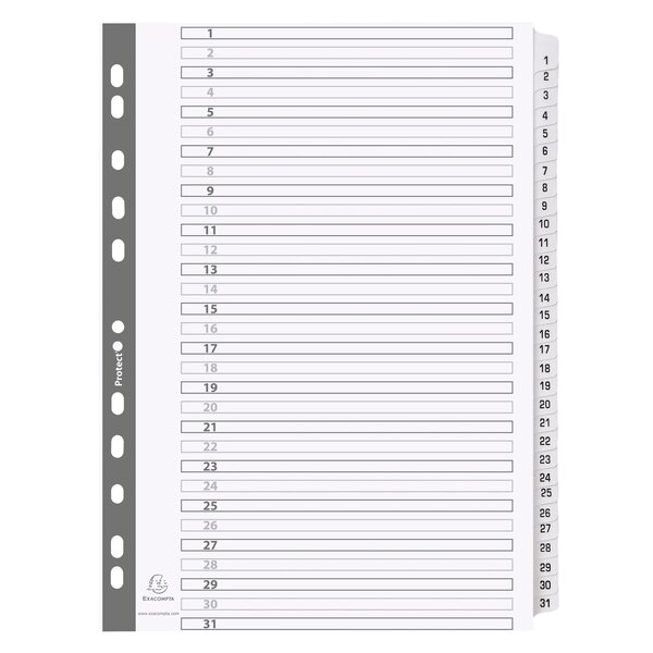 Intercalaires Imprimés À Touches Plastifiées - 31 Touches 1 À 31 - A4 - Blanc - X 10 - Exacompta