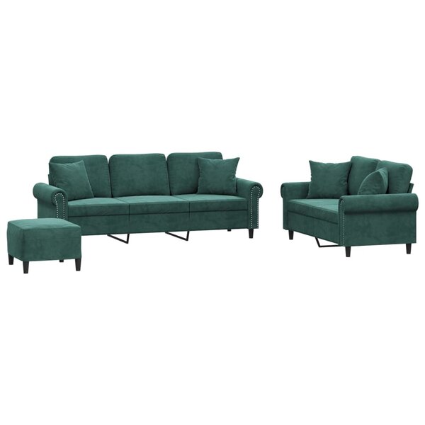 vidaXL Ensemble de canapés 3 Pièces avec coussins vert foncé velours