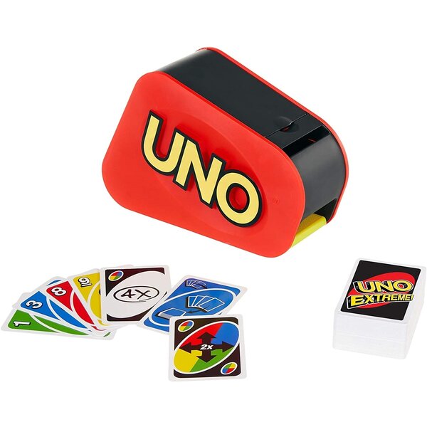 Mattel GXY75 - Uno extreme Jeu de société et de cartes avec distributeur aléatoire  sonore et lumineux