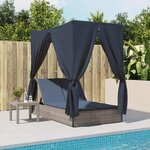 vidaXL Chaise longue double avec toit et rideaux gris résine tressée