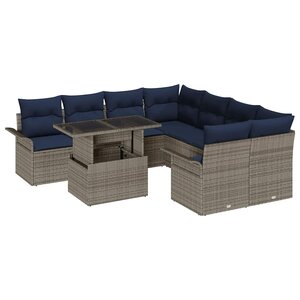 vidaXL Ensemble de canapé de jardin avec coussin 9 Pièces Gris Poly rotin