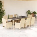 vidaXL Ensemble à manger de jardin et coussins 9 Pièces beige rotin verre