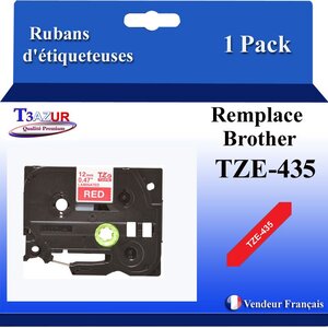 Ruban d'étiqueteuse compatible avec  Brother Tze435  Tze-435 pour étiqueteuses P-touch - Texte blanc sur fond rouge - Largeur 12 mm x 8 mètres - T3AZUR