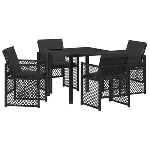Ensemble de salle à manger de jardin de 5 pièces avec coussins noir en poly rattan