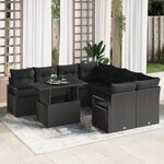 Canapé de Jardin 9 Pièces avec Coussins en Rattan Noir