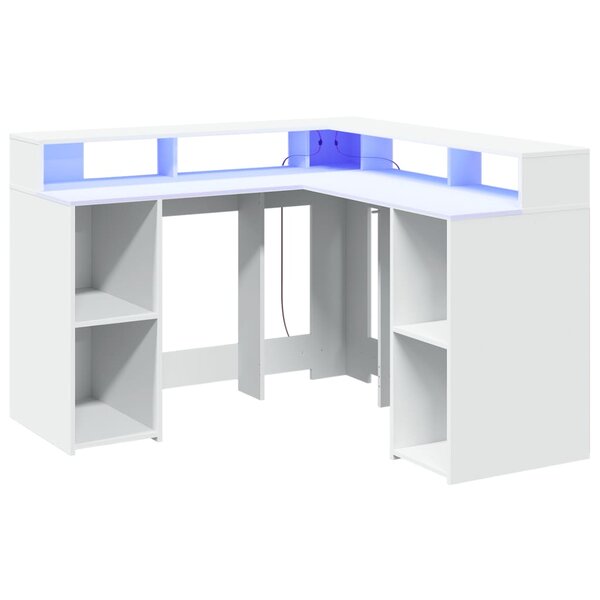 Bureau table poste de travail meuble d'ordinateur informatique étude avec lumières LED 130 x 130 x 91 cm bois d'ingénierie blanc 02_0023405