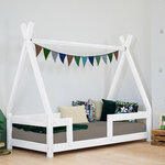 Lit Tipi enfant avec barrière bois massif naturel vernis 120 x 180 cm