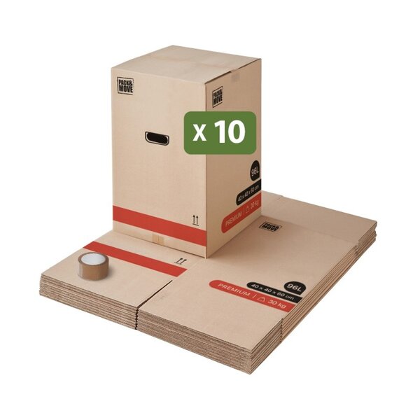 Pack and Move - Lot 10 Cartons Déménagement Premium - 40 X 40 X 60 Cm - Extrême Résistance 30 KG - Réutilisables - Double Épaisseur - Poignées Renforcées - 1 Adhésif Offert