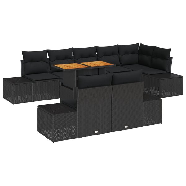 vidaXL Ensemble 9 pièces avec coussins Noir Poly Rattan Acacia