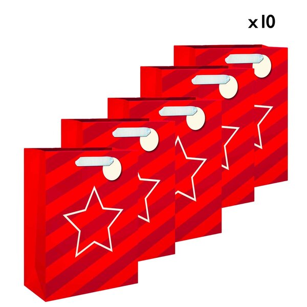 Lot De 10 Sacs Cadeau Grand Format - Rayures Rouges Et Etoiles - Draeger paris