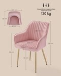 Chaise de salle à manger lot de 4 fauteuil siège rembourrée avec accoudoirs largeur d’assise 49 cm pieds en métal revêtement en velours charge 110 kg pour salon chambre rose 12_0004916