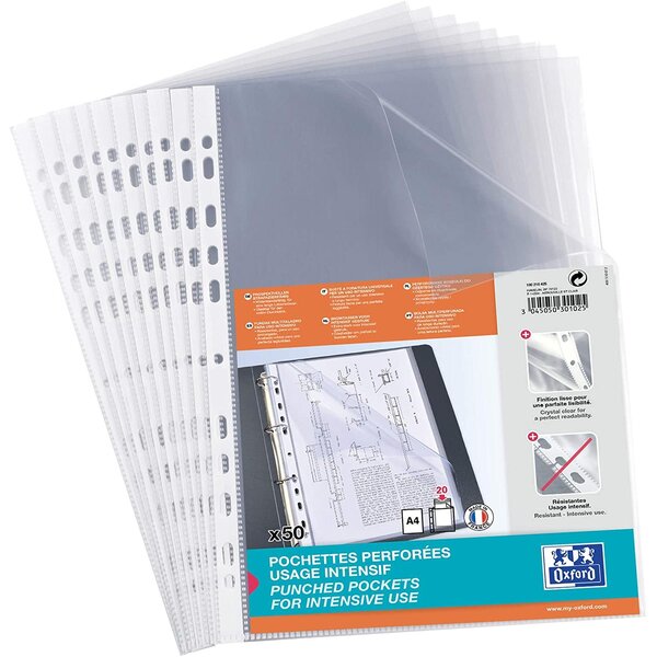 Sachet de 50 pochettes perforées 11 trous PP 9/100e A4 OXFORD