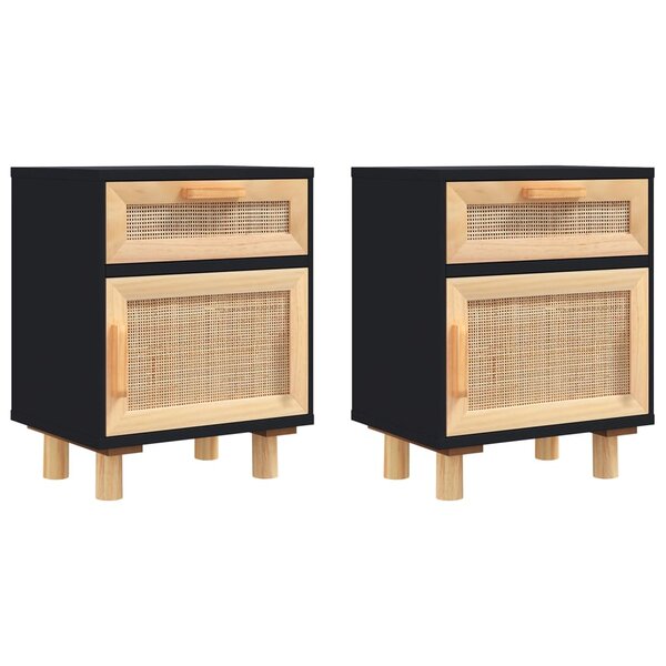 vidaXL Tables de chevet 2 Pièces Noir Bois de pin massif et rotin naturel