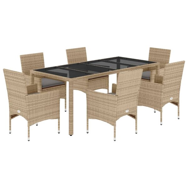 vidaXL Ensemble à manger de jardin et coussins 7 Pièces beige rotin verre