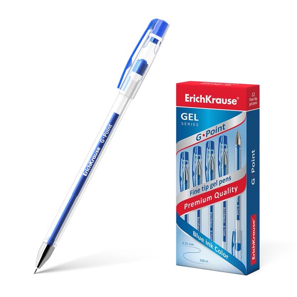 LOT de 12 Stylo gel Erichkrause G-Point - Pointe aiguille 0 38 mm - Encre gel à séchage rapide - Corps transparent - Couleur bleue