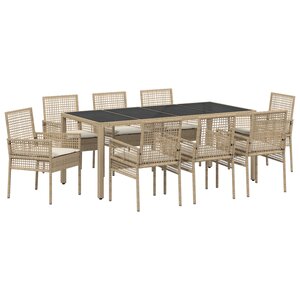 Ensemble de salle à manger de jardin 9 pièces avec coussins beige en poly rattan