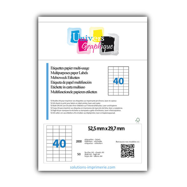 Lot de 50 planches a4 de 40 étiquettes à bords vifs 52 5 x 29 7 mm en papier blanc 70g/m² multifonction