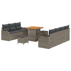 vidaXL Ensemble de Canapé de Jardin 10 Pièces avec Coussins Gris Poly Rattan Acacia