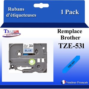 Ruban d'étiqueteuse compatible avec  Brother Tze531  Tze-531 pour étiqueteuses P-touch - Texte noir sur fond bleu - T3AZUR