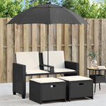 vidaXL Canapé de jardin 2 places avec parasol et tabourets noir rotin