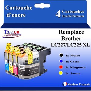 T3AZUR -Lot de 4 Cartouches compatibles avec Brother LC225XL   LC227 XL pour Brother MFC-J4620DW  MFC-J4625DW