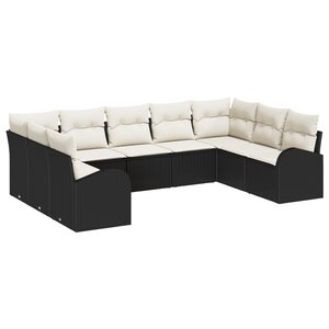 Canapé jardin 9 pièces avec coussins poly rotin noir