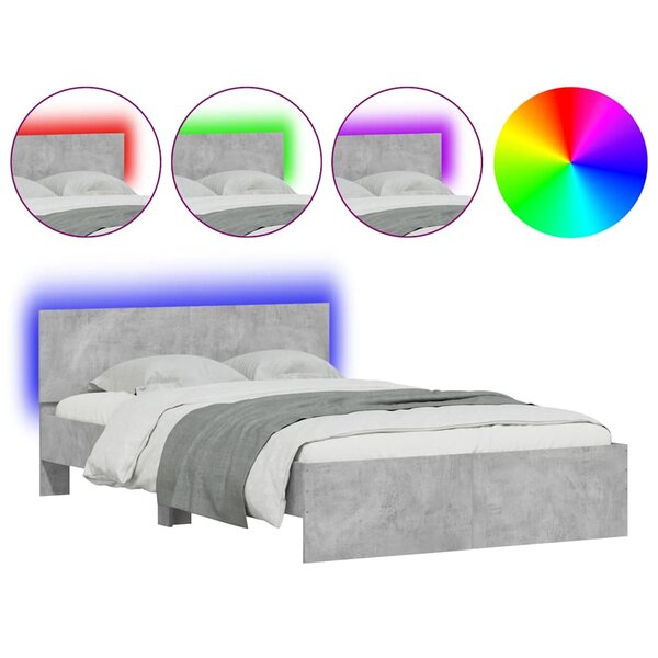 vidaXL Cadre de lit avec tête de lit et LED gris béton 135x190 cm