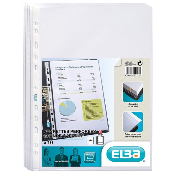 Pochettes perforées Extra PP 0,09mm Lisses Pqt de 10 ELBA