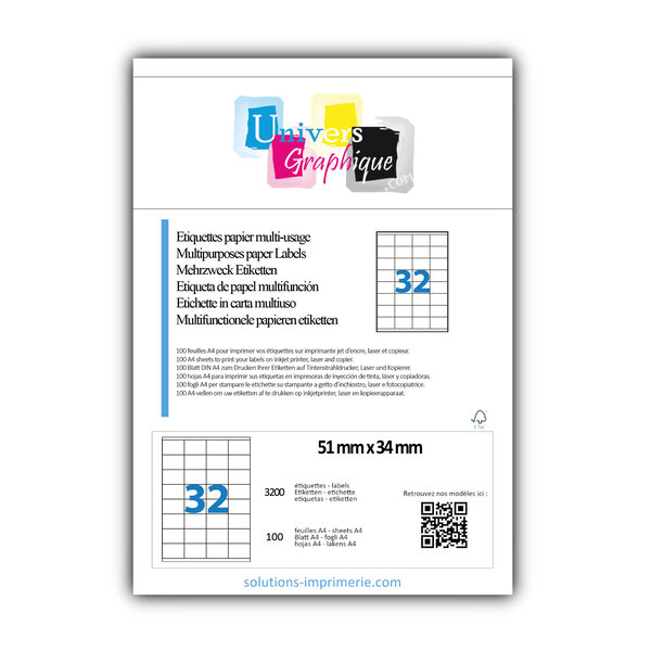 Lot de 100 planches a4 de 32 étiquettes à bords vifs 51 x 34 mm en papier blanc 70g/m² multifonction