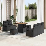 Ensemble de canapé de jardin 8 pièces avec coussins noir poly rattan acacia