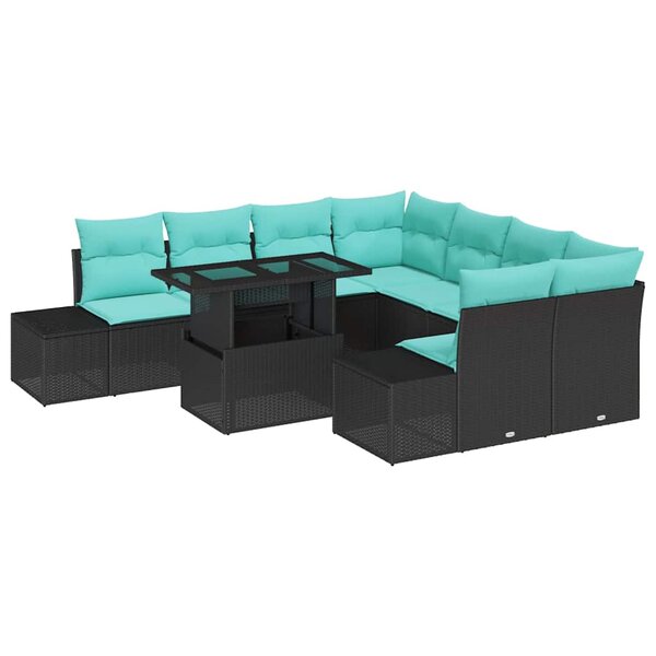 vidaXL Ensemble de canapé de jardin avec coussin 9 Pièces Noir polyrotin