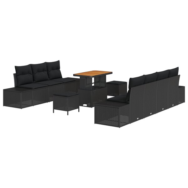 Ensemble de 10 Pièces de Canapé de Jardin avec Coussins Noir Poly Rattan Acacia