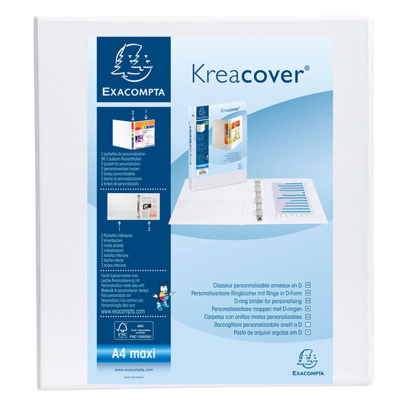 Classeur PP personnalisable Kreacover - 4 anneaux en D 50mm - A4 maxi  blanc EXACOMPTA