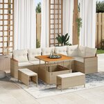 Ensemble de Canapé de Jardin 9 Pièces avec Coussins Beige Rattan Poly Acacia