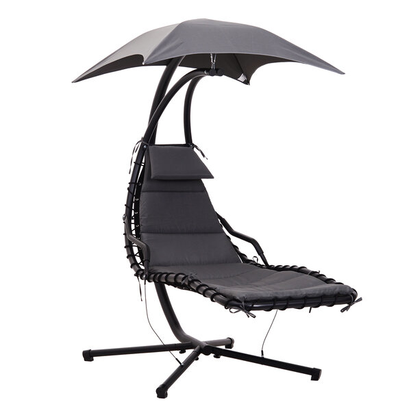 Bain de soleil transat suspendu avec pare-soleil et matelas design contemporain 190L x 115l x 190H cm acier polyester gris foncé noir