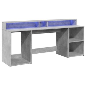 Bureau table poste de travail meuble d'ordinateur informatique étude et lumières LED 200 x 55 x 91cm bois d'ingénierie gris 02_0023803