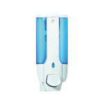 Distributeur savon q-connect manuel acier inoxydable serrure viseur bleu transparent coloris blanc 350ml 80x90x190mm