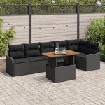 Canapé de Jardin 7 pièces avec Coussins Noir Rattan Synthétique