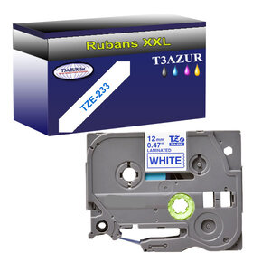 Ruban d'étiquettes laminées générique Brother Tze-233 pour étiqueteuses P-touch - Texte bleu sur fond blanc - Largeur 12 mm x 8 mètres - T3AZUR