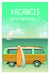 Carte Joyeux Anniversaire - Enveloppe - Mini Posters Format 17x11 5cm - Comme un Air Vacances - Van Planches Surf - Mer Voilier Spot Plage Sable Rétro Vintage - Fabriquée en France