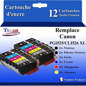 T3AZUR - 12x Cartouches compatibles avec Canon PGI525 CLI-526 XL pour Canon Pixma iP3600 iP4600 iP4700 MP540 MP550 MP560