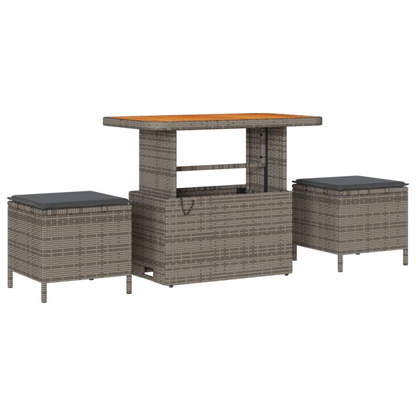 Ensemble de salle à manger de jardin 3 pièces avec coussins gris en poly rotin et acacia