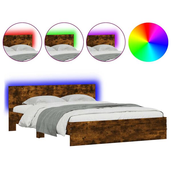 vidaXL Cadre de lit avec tête de lit et LED chêne fumé 150x200 cm