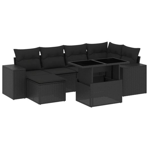 vidaXL Salon de jardin 7 Pièces avec coussins noir résine tressée