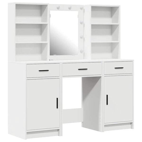 vidaXL Ensemble de table de maquillage avec LED avec porte 3 Pièces Blanc